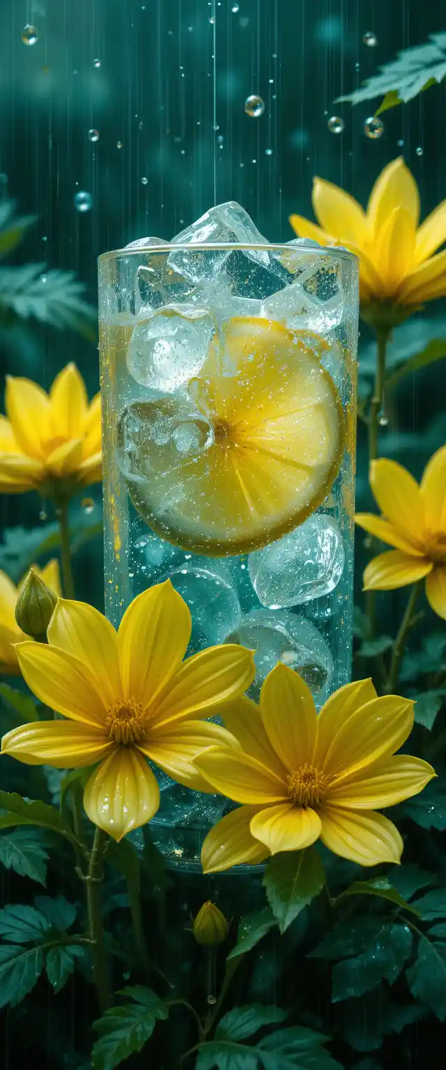 Close up of yellow flowers with ice lemon in rain