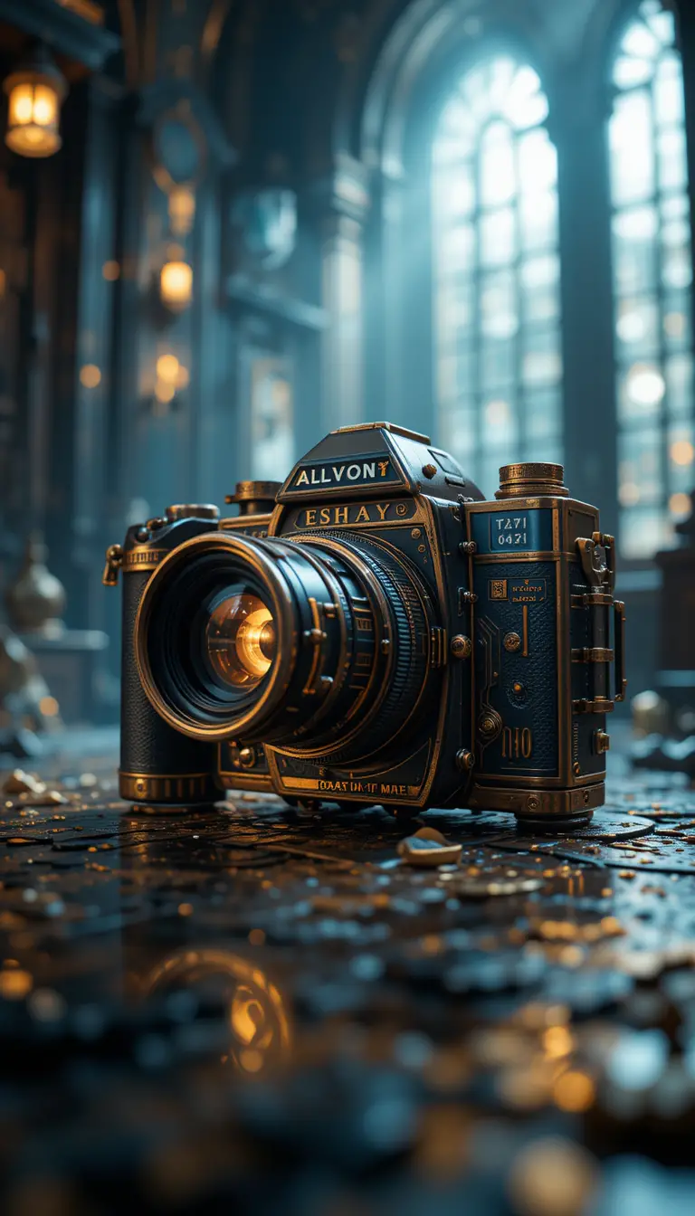 Steampunk 1920s camera in dramatic digital illustration
