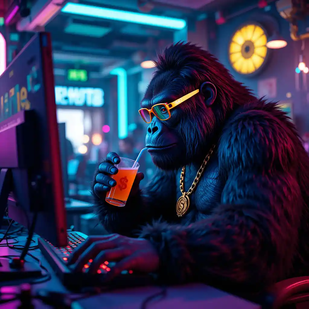 Gorilla Gamer In Neon Room With Futuristic Decor
