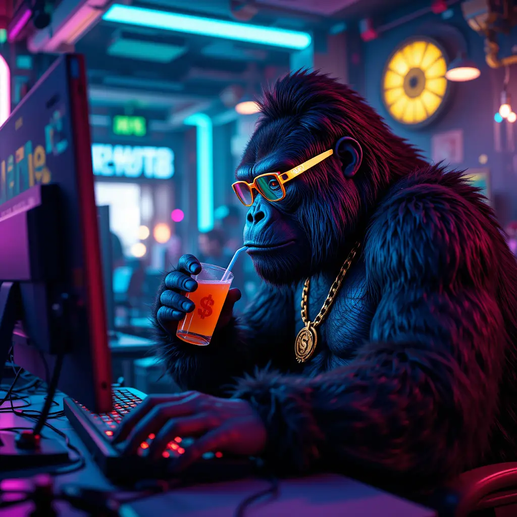 Gorilla Gamer In Neon Room With Futuristic Decor