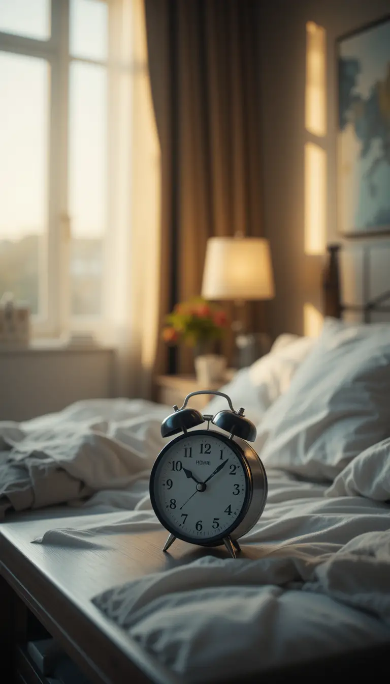 Ringing alarm clock in a cozy bedroom at dawn