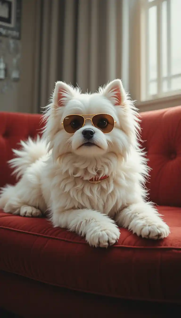 Fluffy white dog in sunglasses on red velvet sofa
