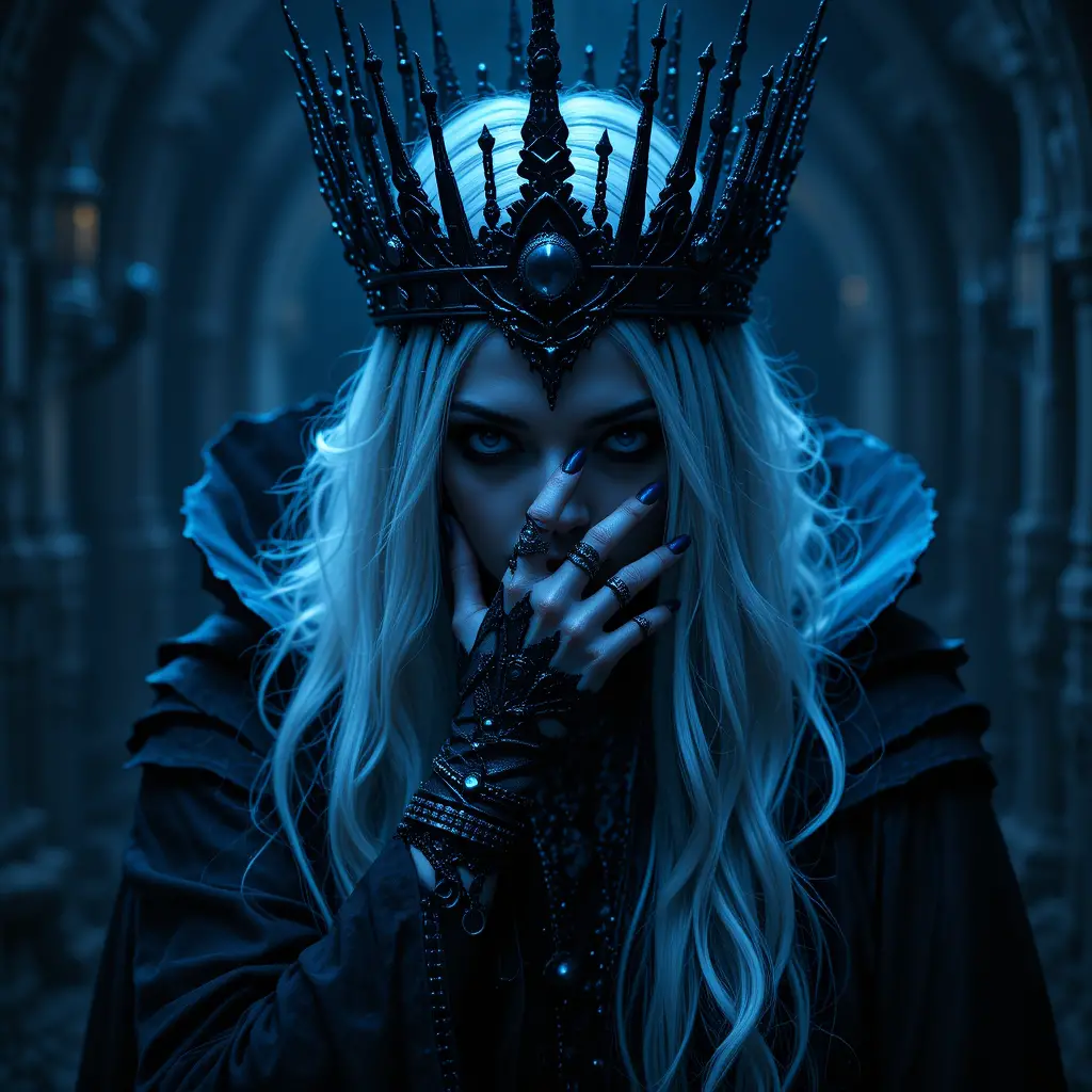 Mystical dark queen with silver hair and spiked crown