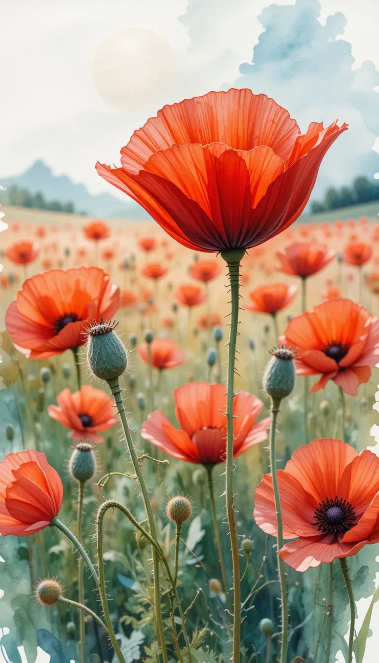Watercolor close up of a single red poppy in field