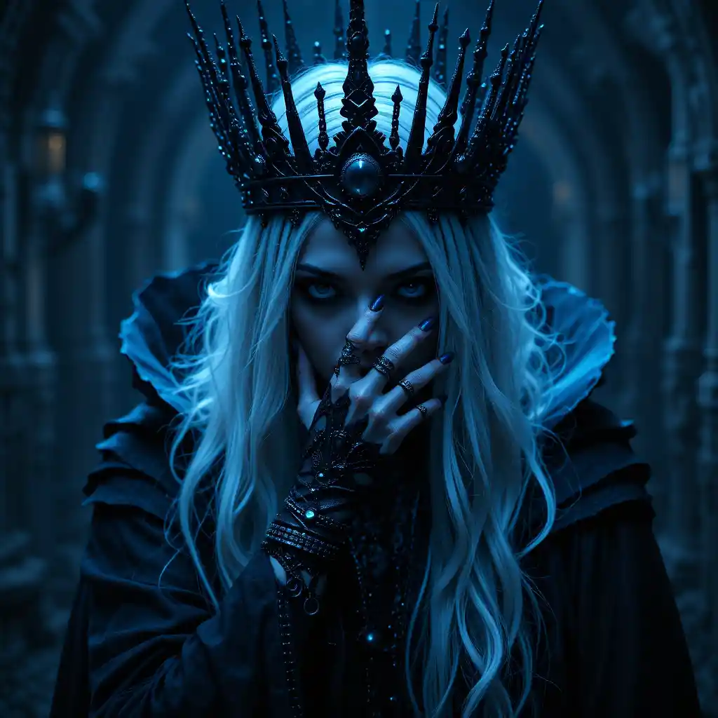 Mystical dark queen with silver hair and spiked crown
