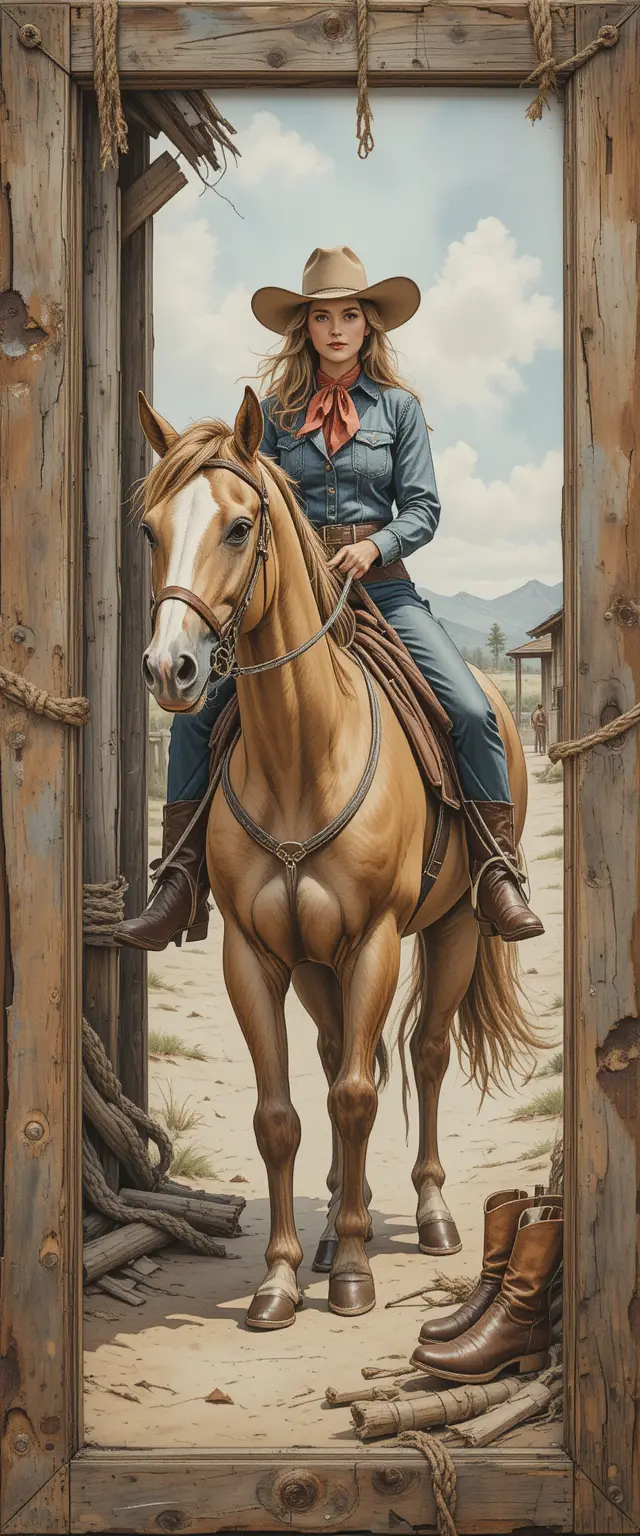 Woman Riding A Horse In Rustic Western Watercolor Scene