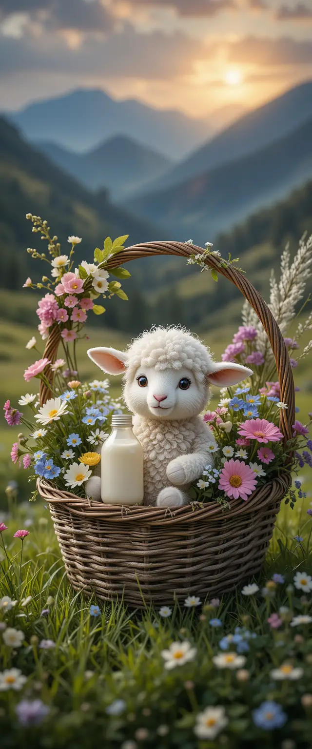 Rustic floral basket with cute Easter sheep illustration