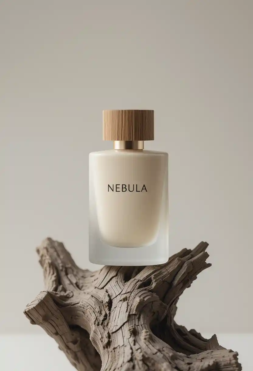 Cinematic close up of a minimalist perfume bottle