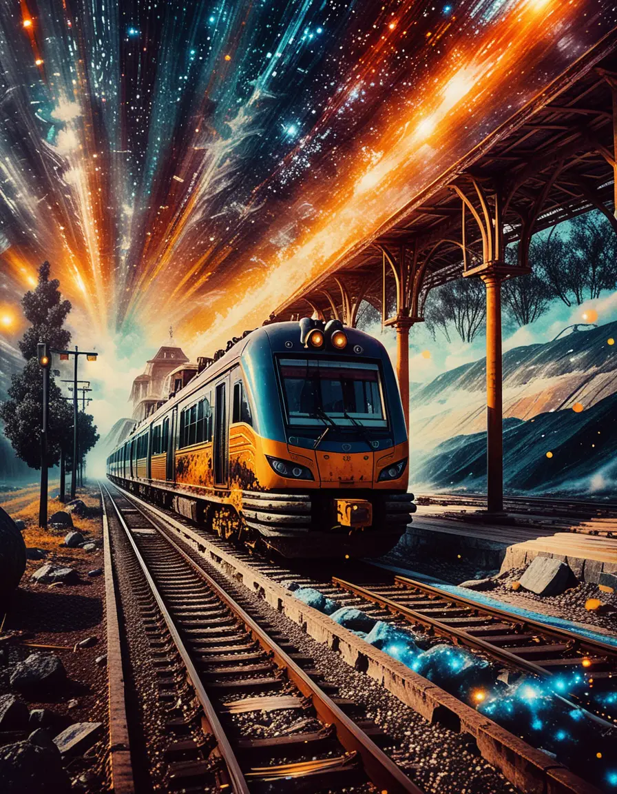 Abstract oil painting of modern train over medieval village
