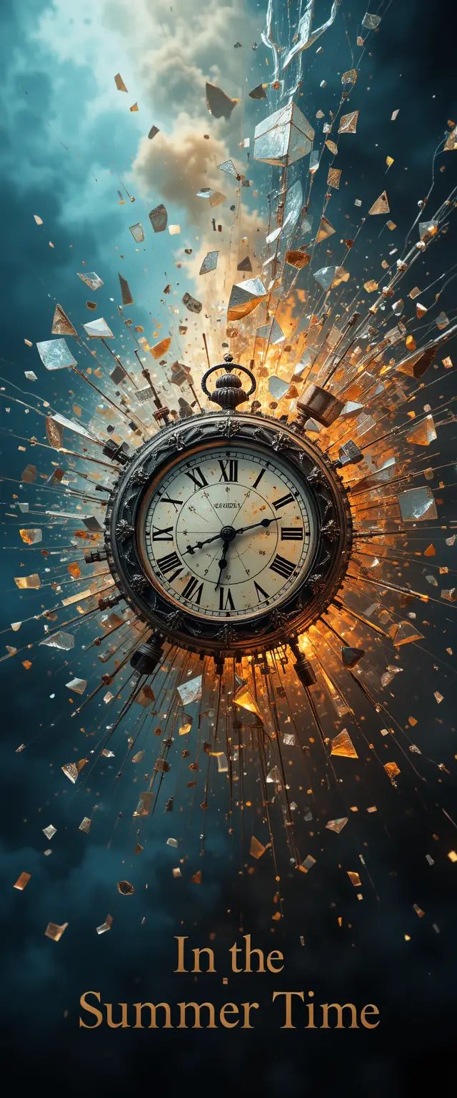 Shattered antique clock in swirling colorful vortex of time
