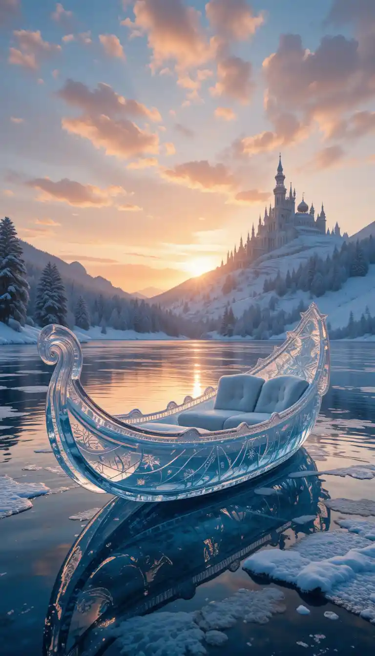 Gondole de glace féerique sur un lac gelé au coucher du soleil