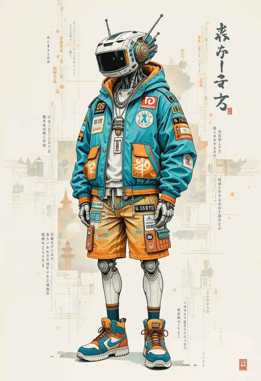 Futuristic humanoid robot in teal and orange streetwear