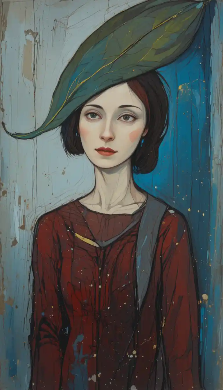 Abstract female portrait with tilted head and leaf