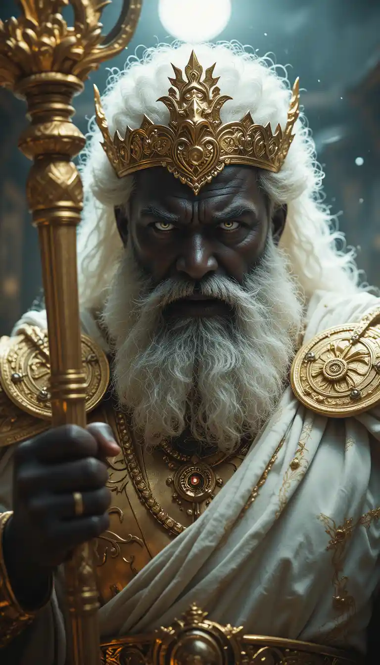 Powerful black god with glowing light and scepter