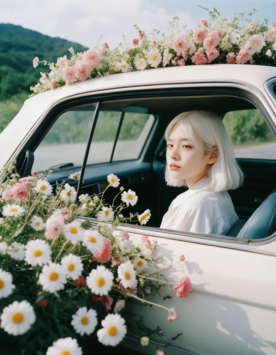 White haired girl in a flower filled car interior
