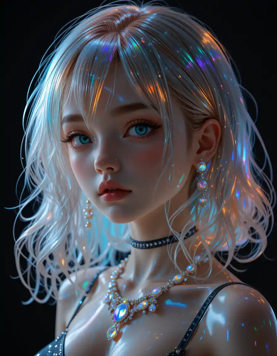 Anime pvc girl with glowing holographic jewelry