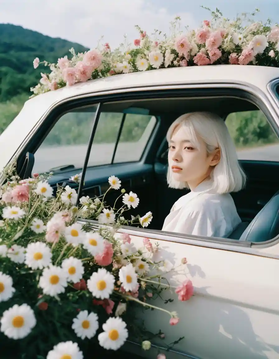 White haired girl in a flower filled car interior