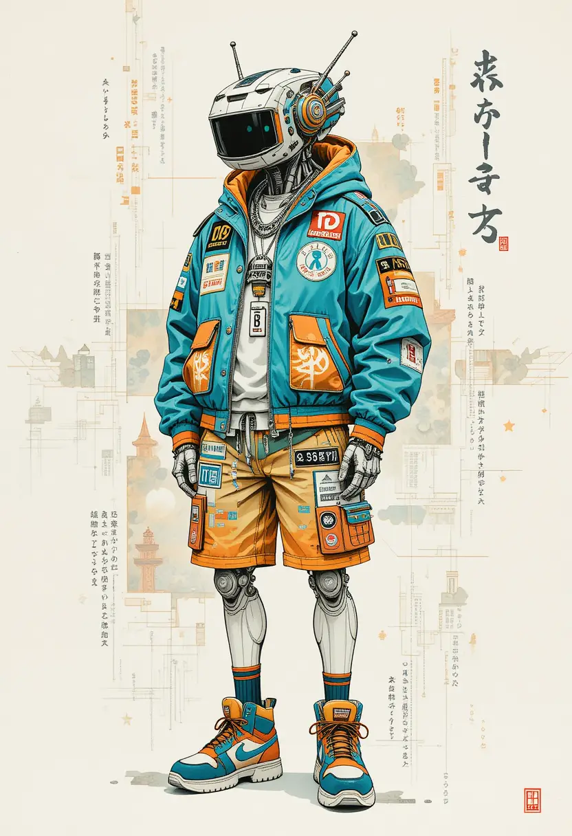 Futuristic humanoid robot in teal and orange streetwear