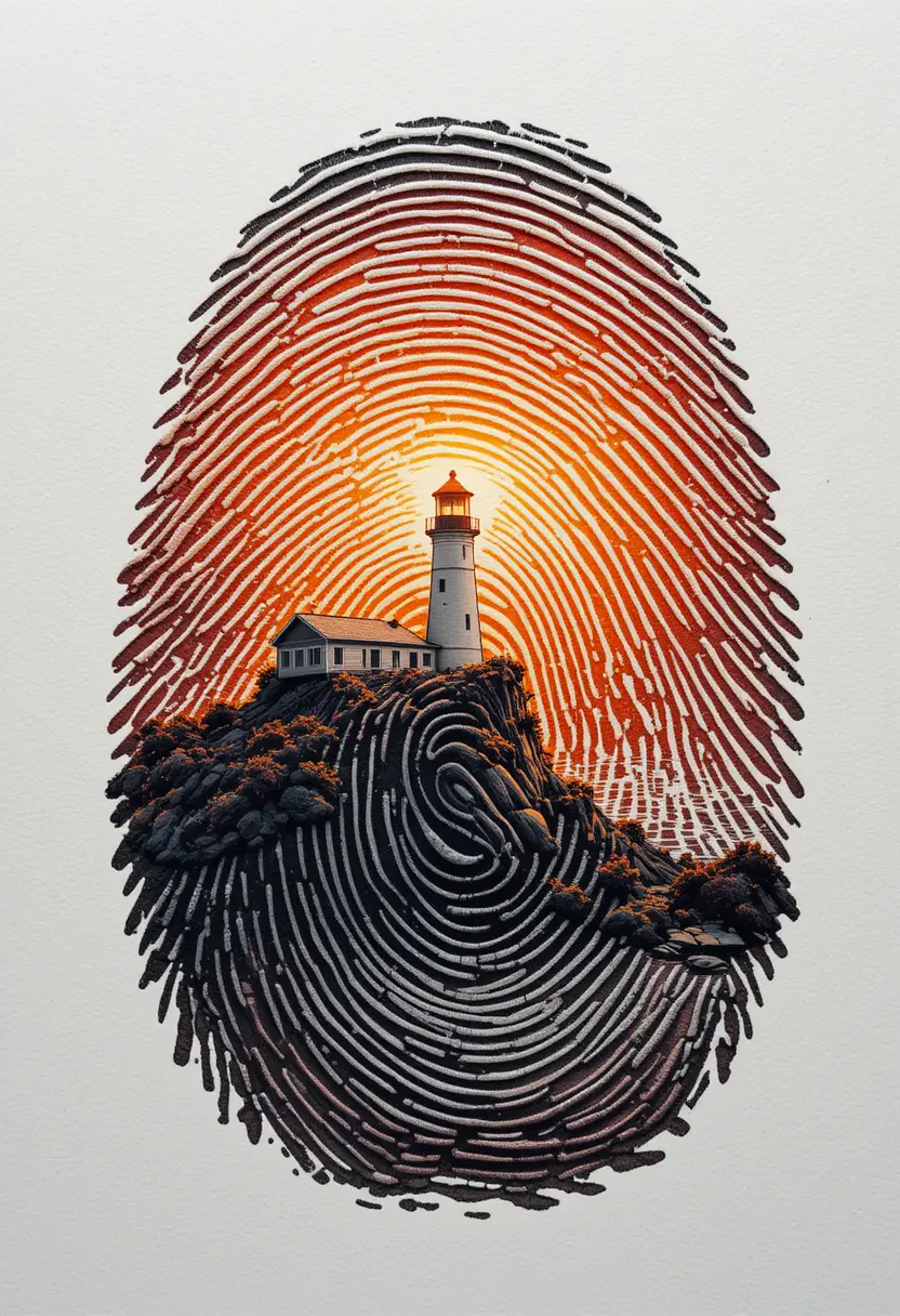 Fingerprint landscape with lighthouse at sunrise on paper