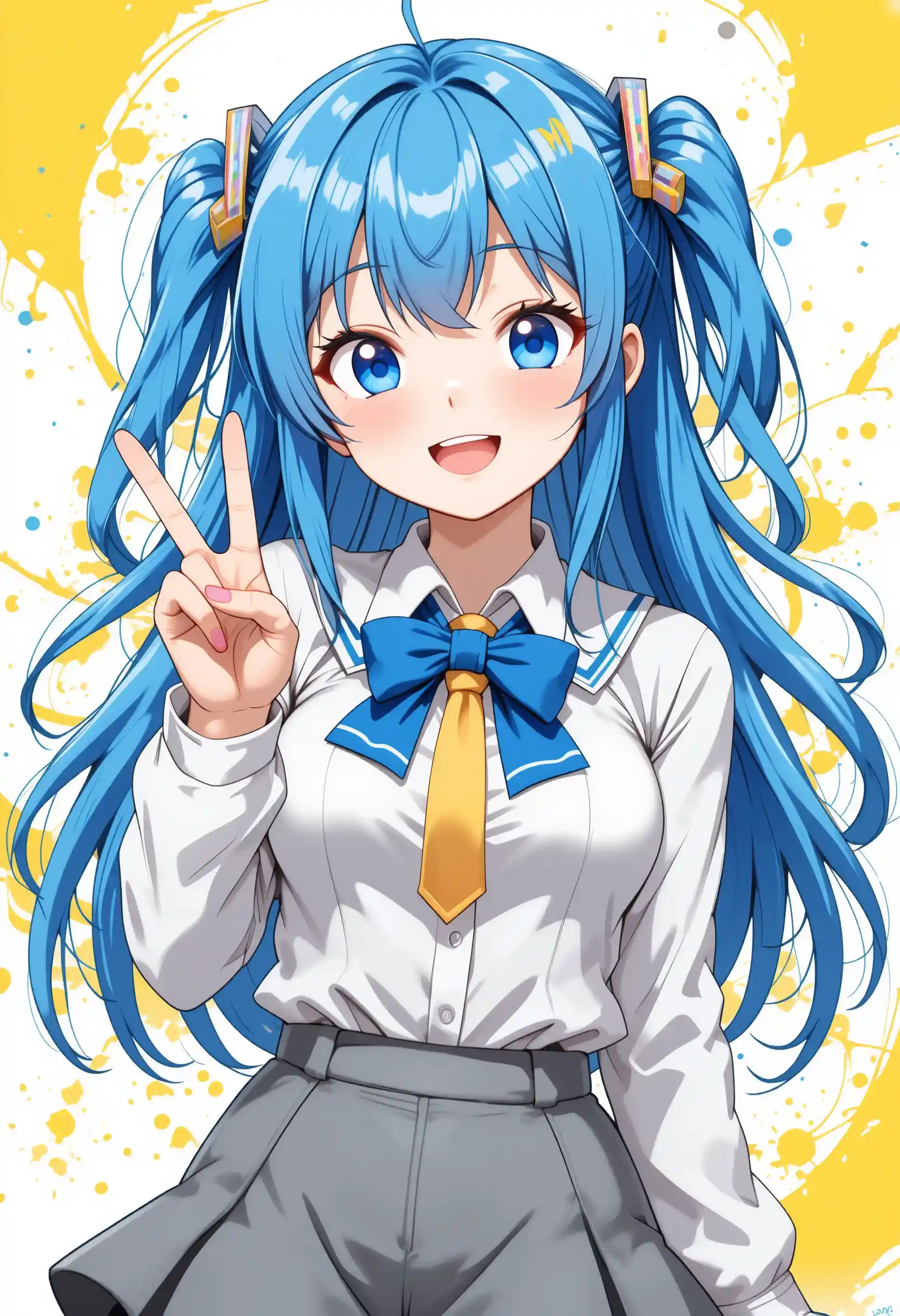 Blue haired anime girl smiling with peace sign