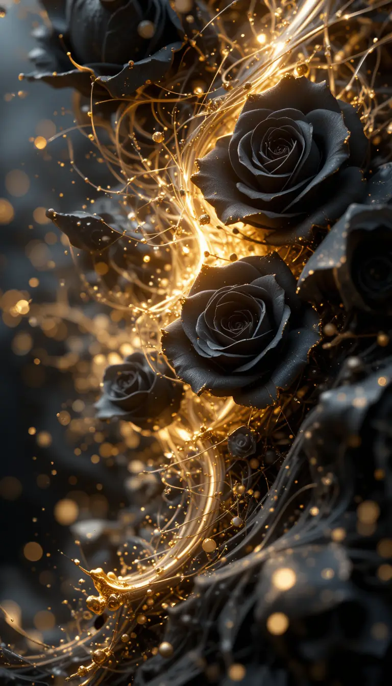 Black roses with complex light and golden particles