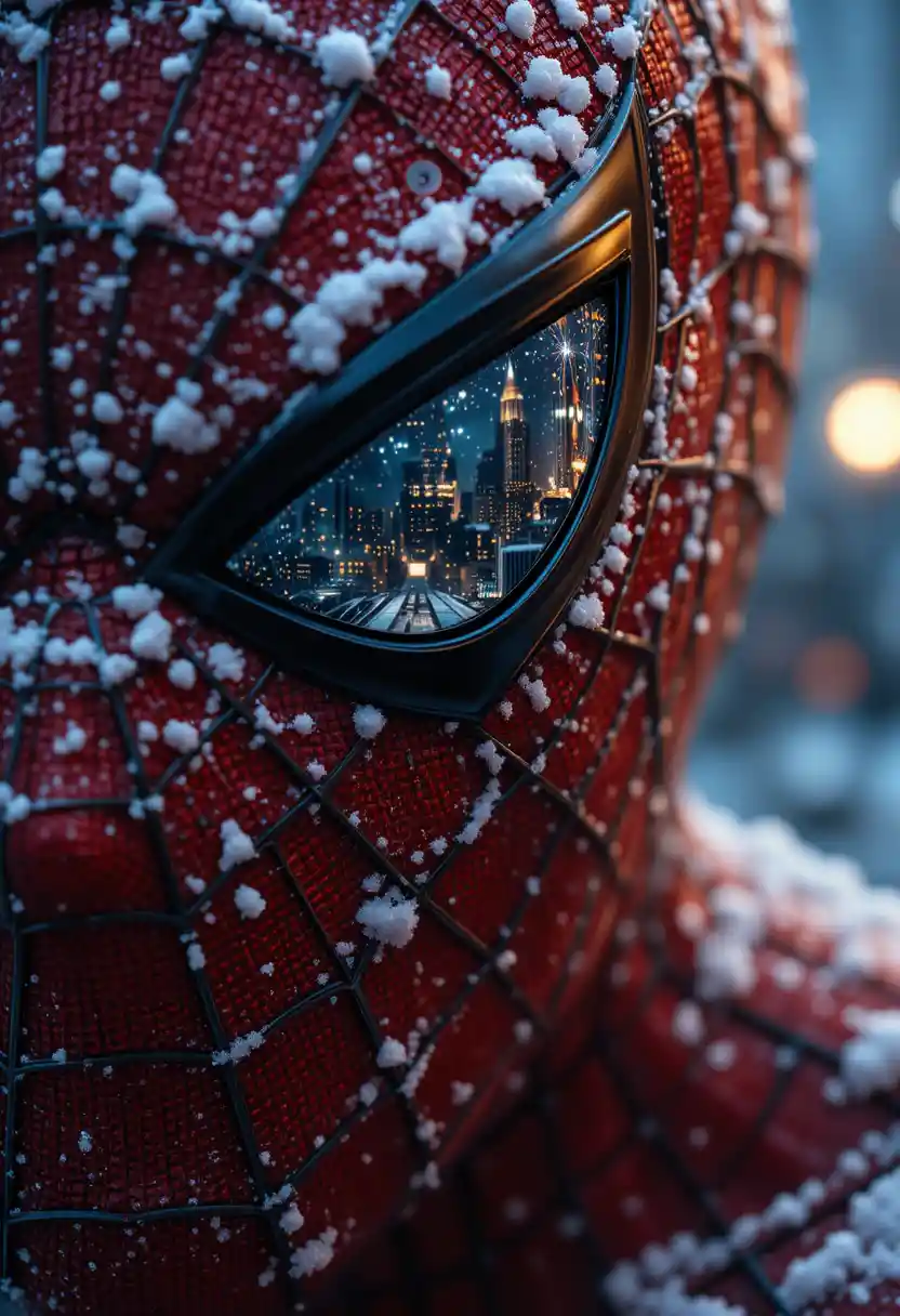 Snow Covered Superhero Mask With Reflected Winter City Lights