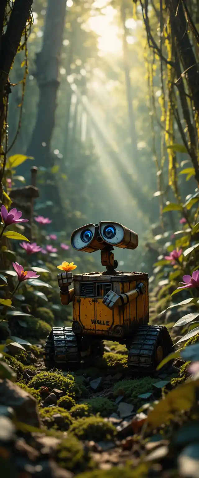 Curious robot holding a glowing mushroom in jungle