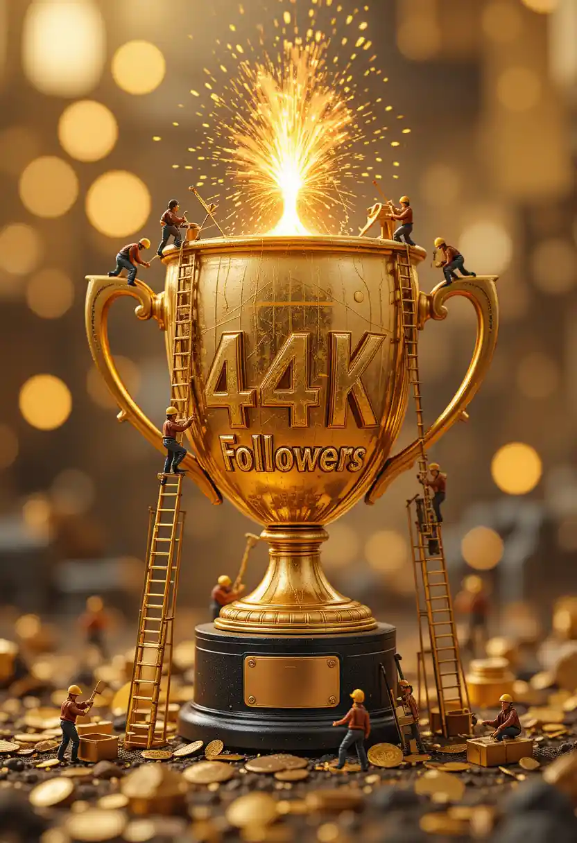 Miniature workers forging a golden 44k followers trophy