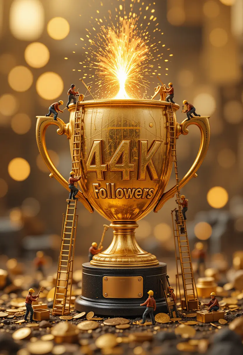 Miniature workers forging a golden 44k followers trophy