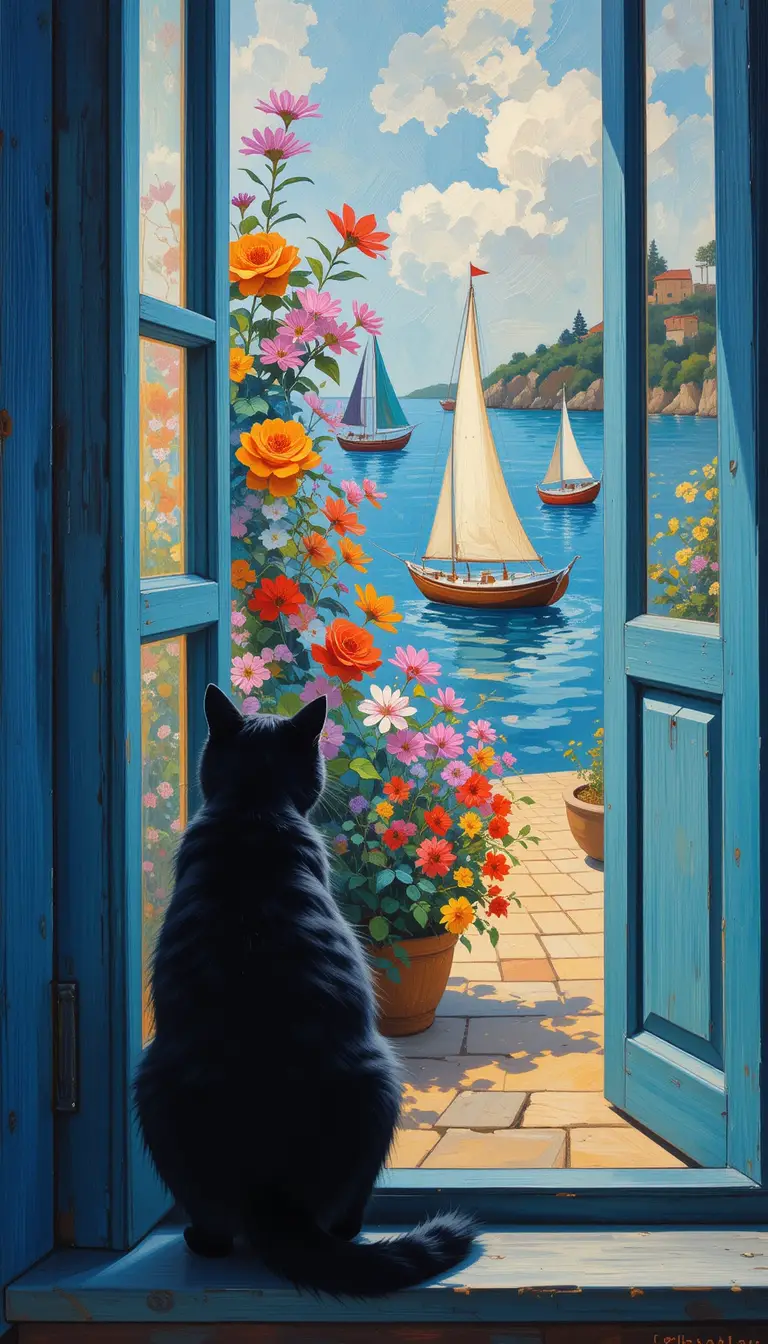 Black cat resting in a bright window at home