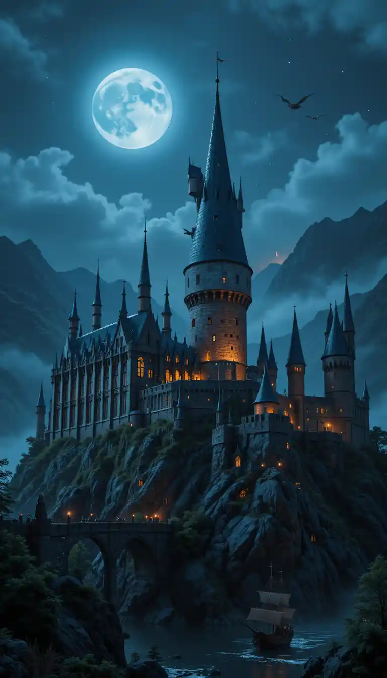 Hogwarts castle at night over moonlit fantasy waters