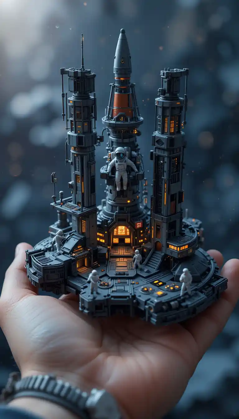 Miniature space station model held in a human hand