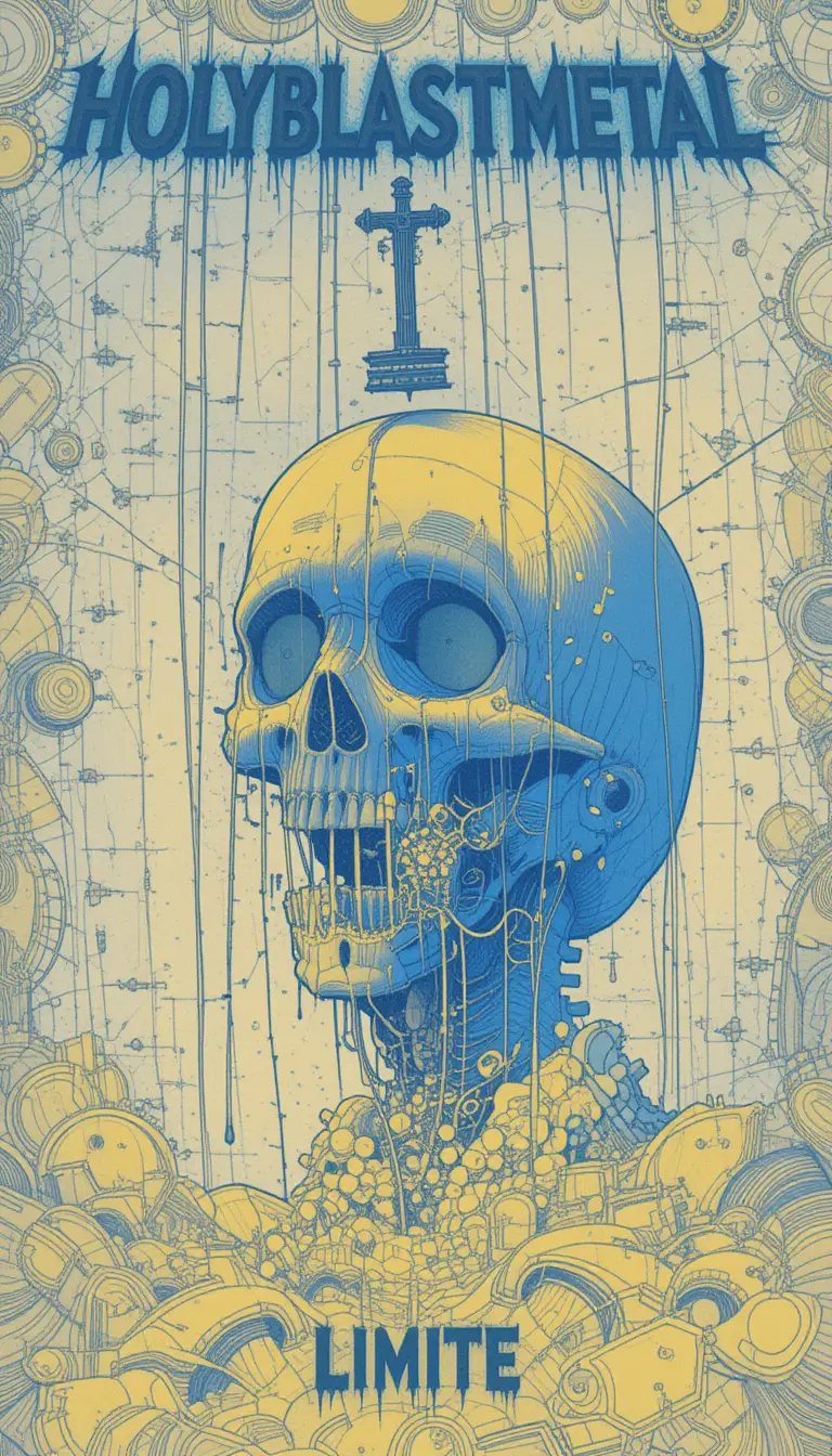 Ominous skull poster with holyblastmetal title in blue and yellow