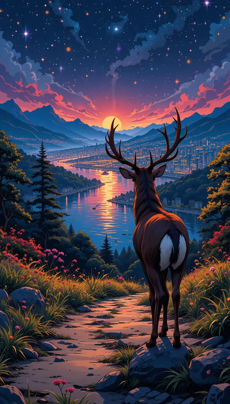 Deer On Country Road Facing Distant City At Night