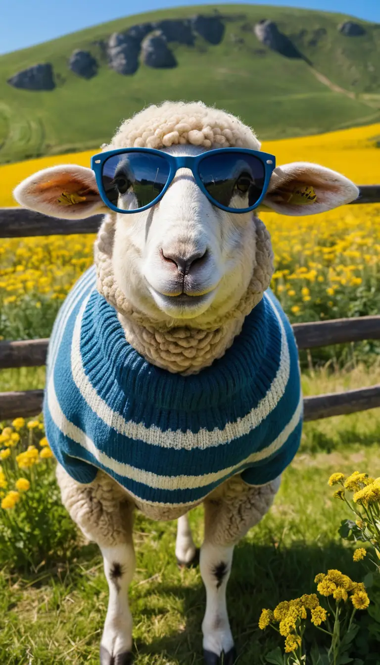 Stylish sheep in sunglasses in a yellow flower field