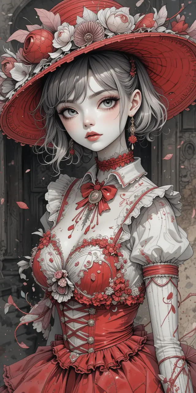 Fille d’anime en robe rouge illustration à l’encre et à l’aquarelle