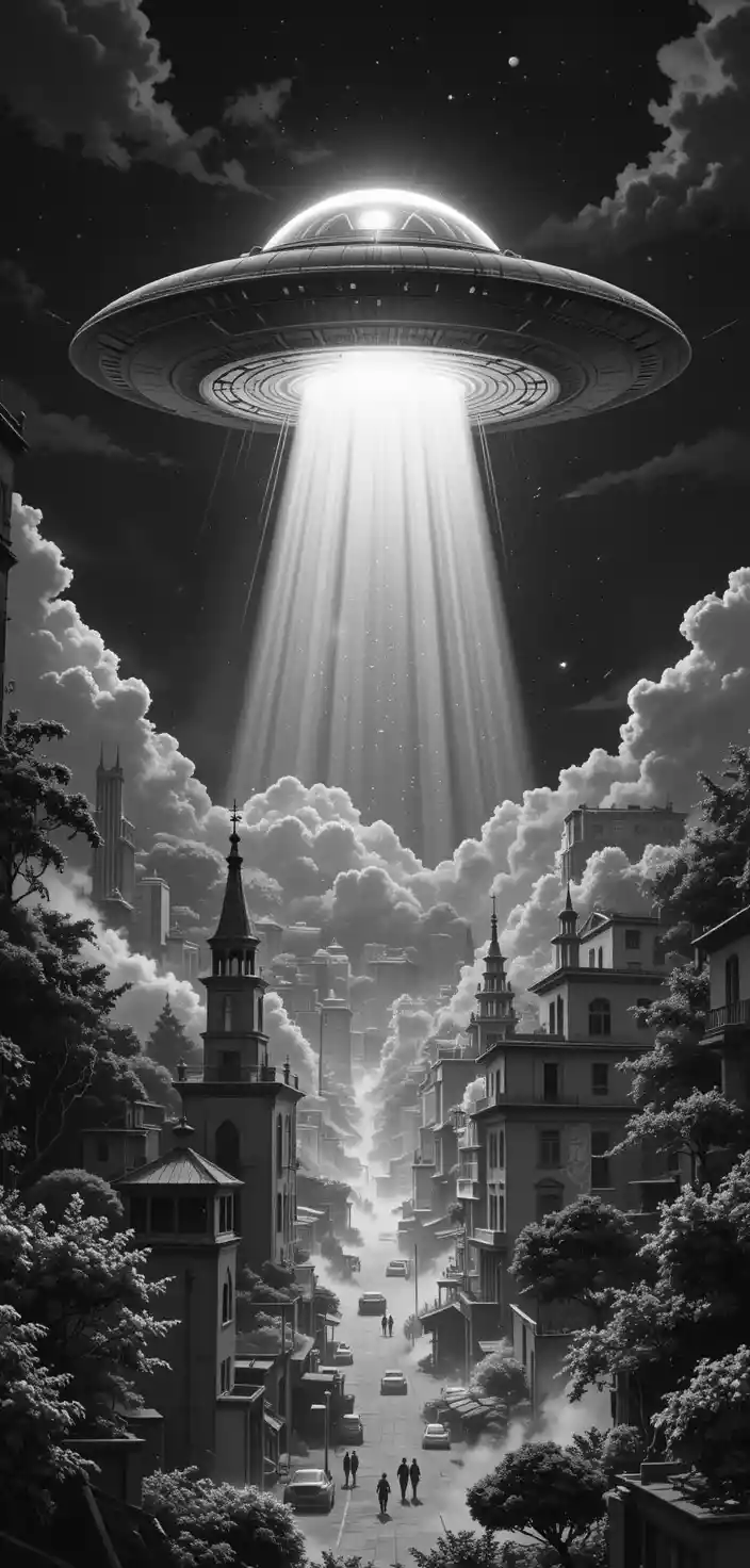 UFO sospeso sopra uno skyline cinematografico monocromatico di notte