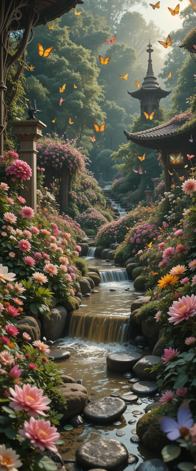 Surreal garden of musical flowers glowing with light