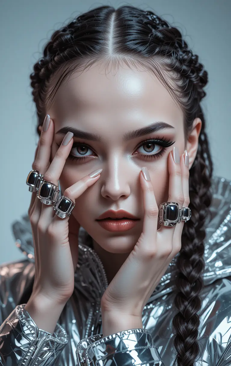 Retrato futurista de alta moda de uma mulher em prata