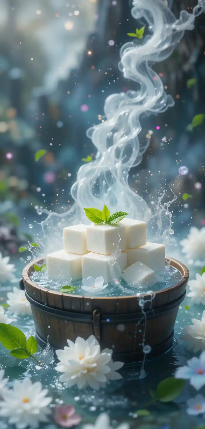 White tofu soaking in wooden bucket with floating mint leaves