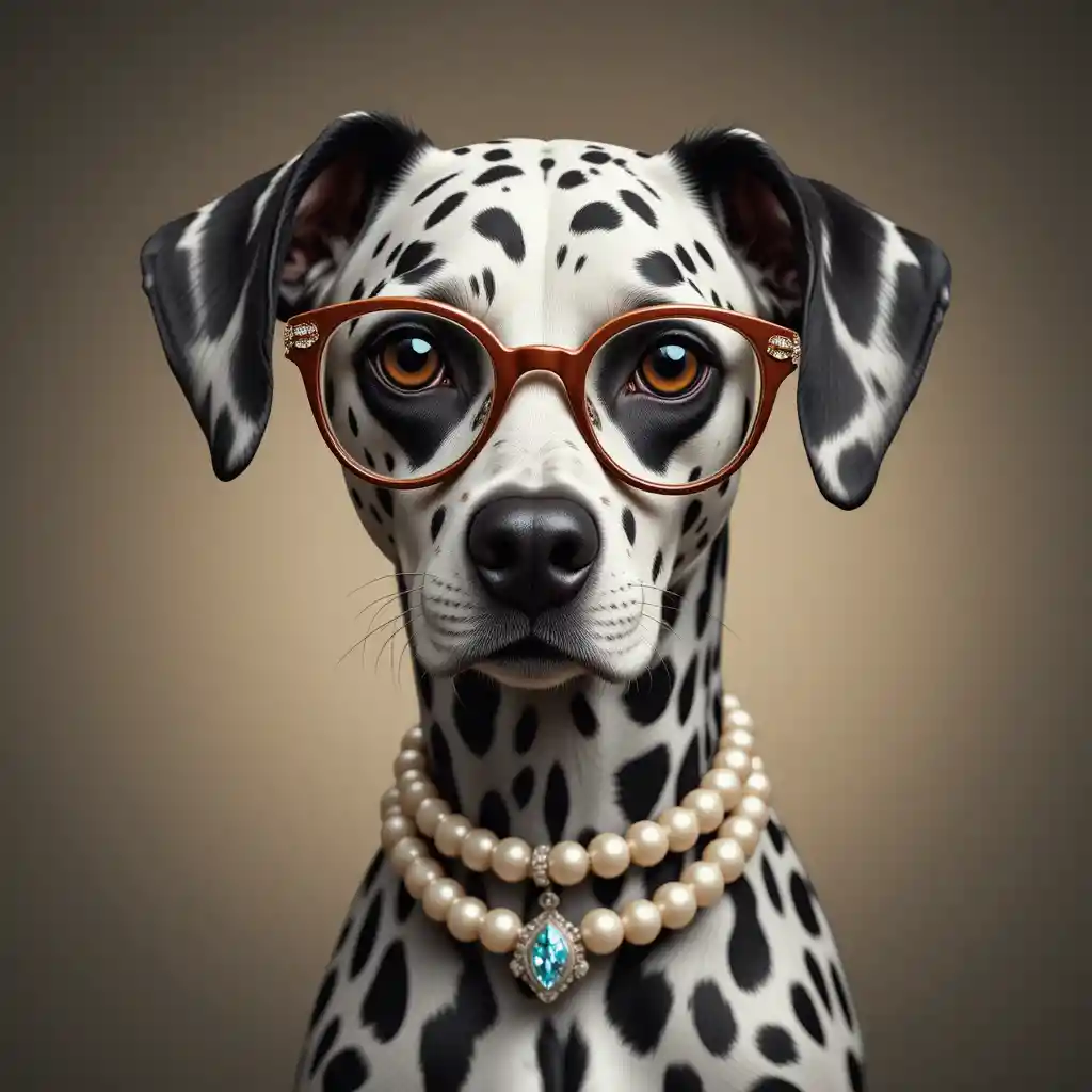 Elegant dalmatian in glasses with pearl and diamond collar