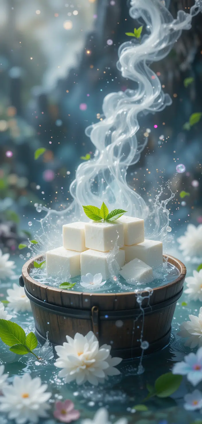 White tofu soaking in wooden bucket with floating mint leaves