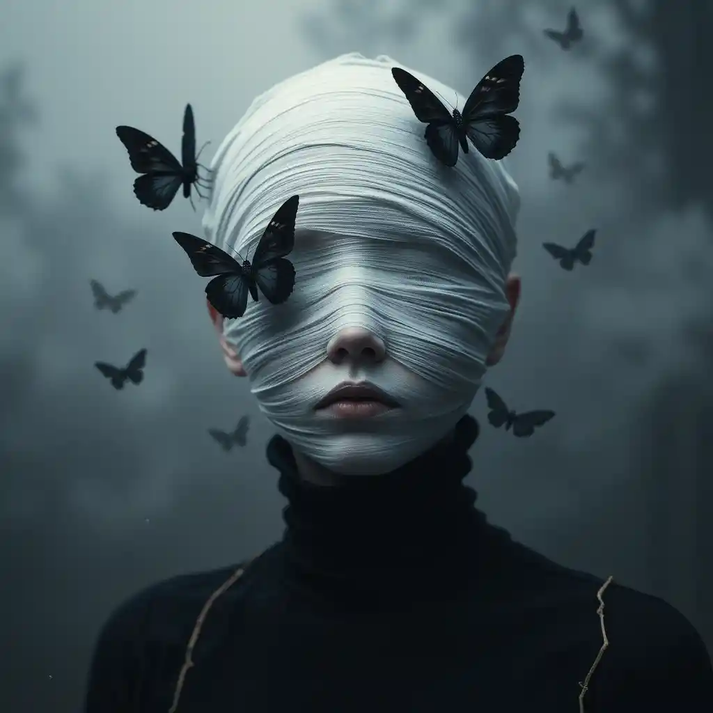Mysterious bandaged figure with dark butterflies