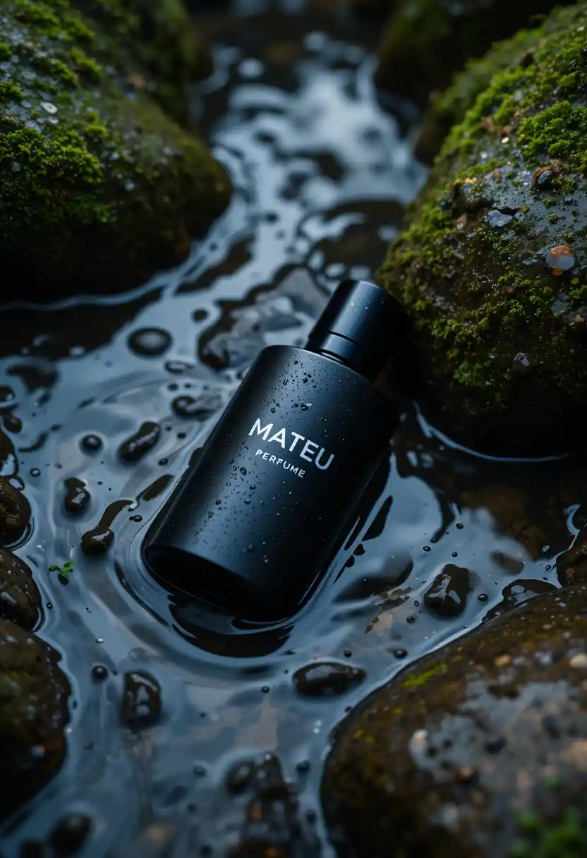 Black perfume bottle in a shallow stream with soft reflections