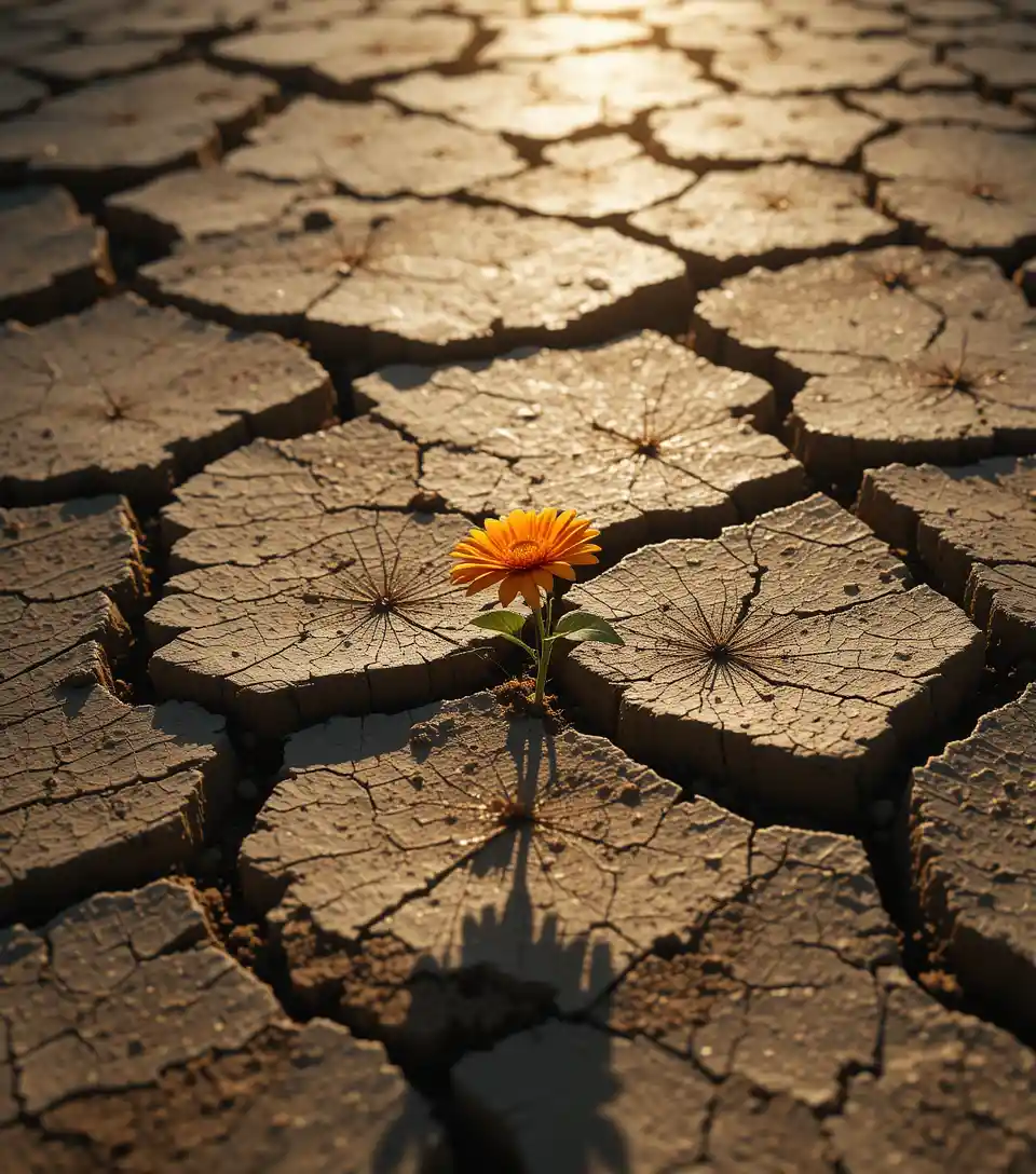 Single flower growing from cracked desert earth in dramatic light