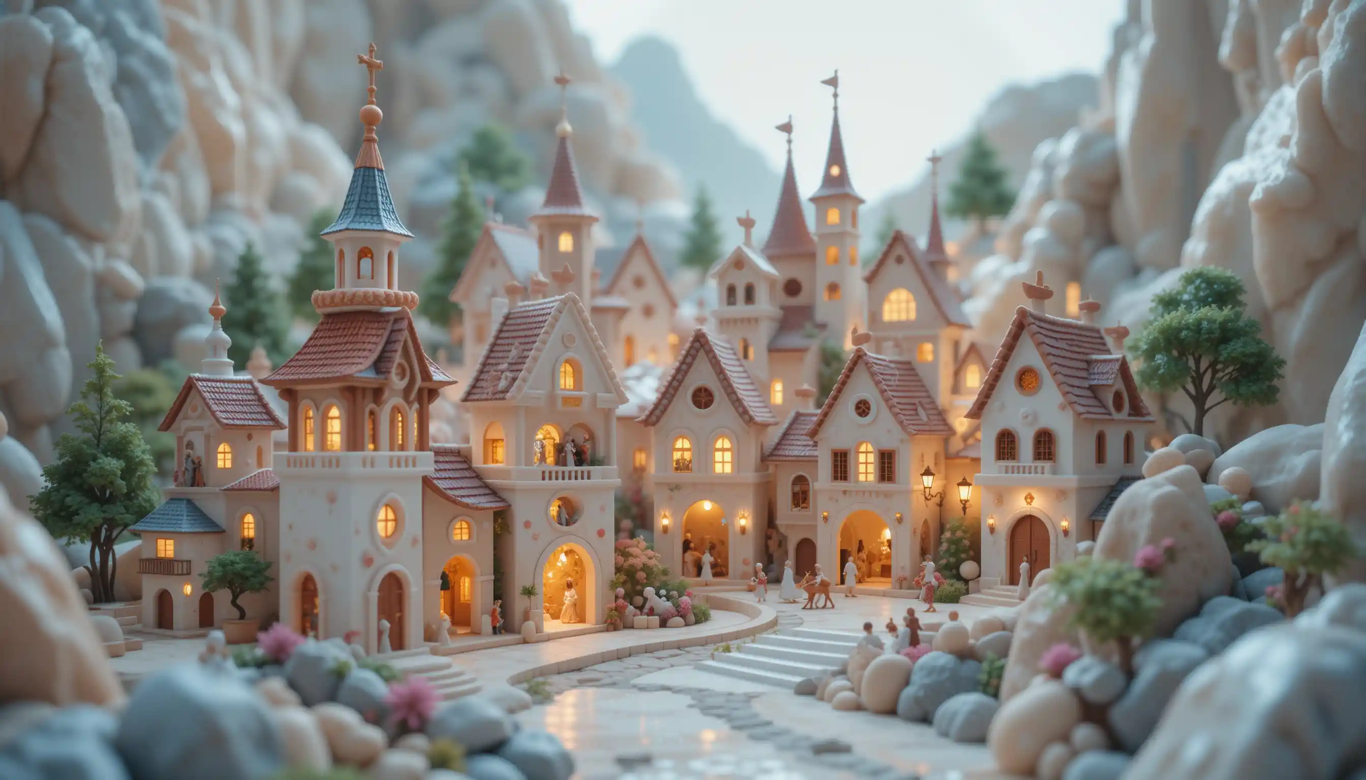Tilt shift photo of a marble village with cinematic light