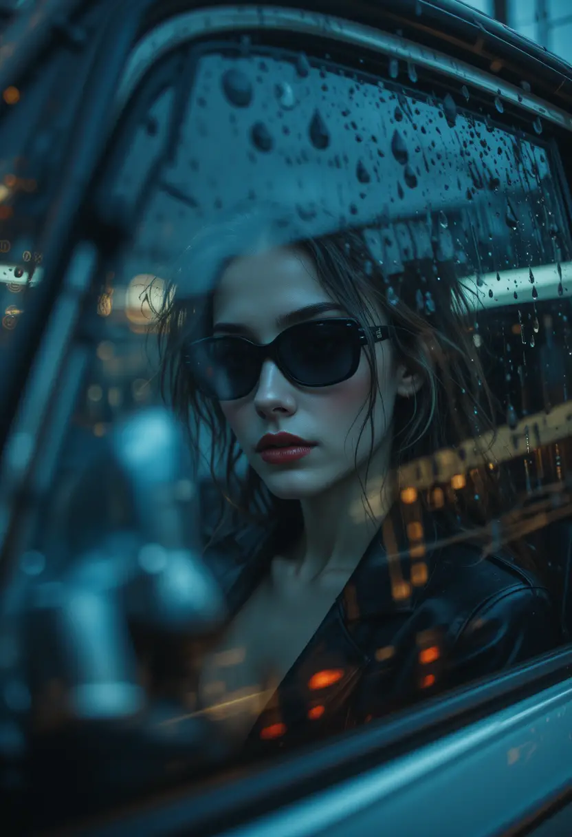 Cinematic portrait of a fashion model in a rainy car