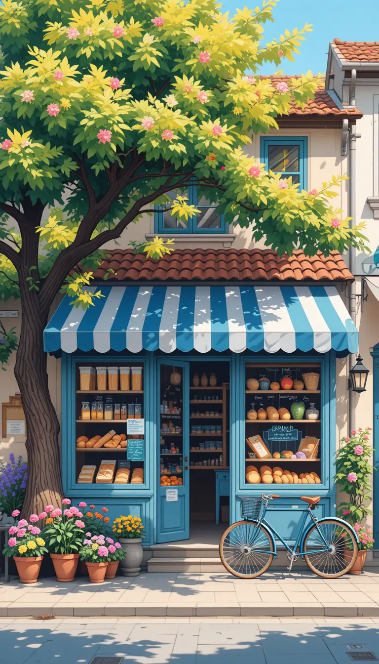 Charming street shop illustration with tree and bicycle