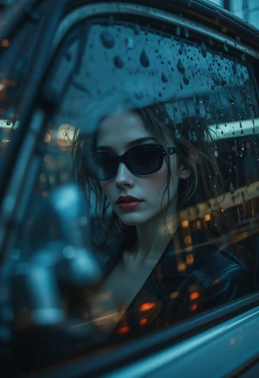 Cinematic portrait of a fashion model in a rainy car
