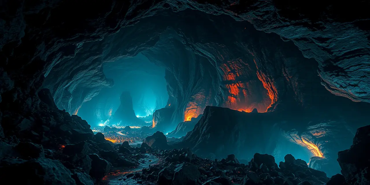 Epic digital painting of manjanggul lava tube interior